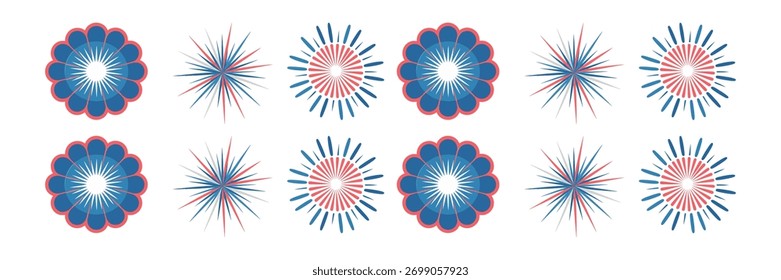 Blue red fireworks pattern, assorted rosette clusters, seamless decorative strip, patriotic festival banner elements, editable vector graphics