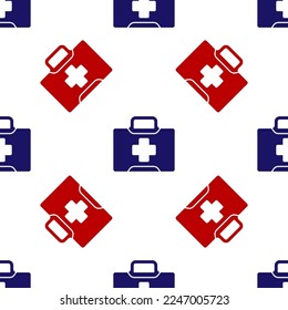 Blue and red First aid kit icon isolated seamless pattern on white background. Medical box with cross. Medical equipment for emergency. Healthcare concept.  Vector Illustration