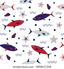 Blue and red fish pattern seamless backdrop with waves, bubbles, seashell, and starfish.  Underwater scene, background for brochures, fabric, mural, wallpaper, textile prints, and gift wrapping paper.