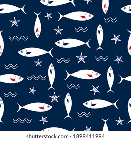 Blue and red fish pattern seamless with waves, bubbles, and starfish.  Underwater scene, two-tone background for brochures, wallpaper, fabric, upholstery or textile prints, and gift wrapping paper.