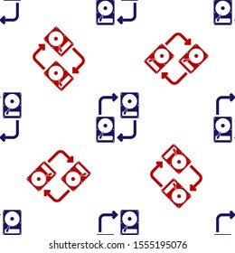 Blue and red A fixed data storage device hard disk with arrows, data copy icon isolated seamless pattern on white background. Data exchange with hard disk drive.  Vector Illustration