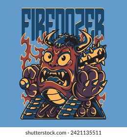 Blue Red Flaming Dozer Monster in Retro Style Illustration