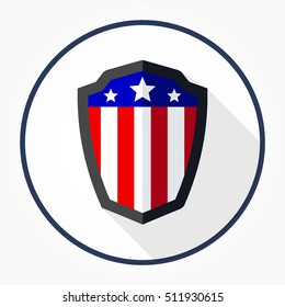 blue red flat shield with stars and shadow effect on a black stroke circle. france flag shield. american flag shield