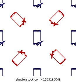 Blue and red Flight mode in the mobile phone icon isolated seamless pattern on white background. Airplane or aeroplane flight offline mode passenger regulation airline .  Vector Illustration