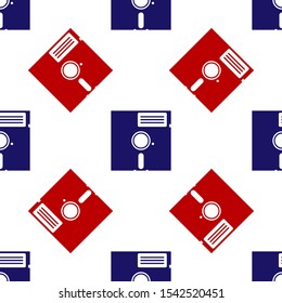 Blue and red Floppy disk in the 5.25-inch icon isolated seamless pattern on white background. Floppy disk for computer data storage. Diskette sign.  Vector Illustration