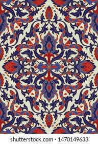 Blue and red floral background with damask. Seamless symbolic ornament with snakes. Colorful pattern for wallpaper, textile, shawl, carpet. Stylized design for curtains.