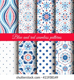 Blue Red Floral Patterns on white background. Dot and flower ornament. Wallpaper collection. Fabric print set. Abstract ogee motif. Funny boho chic style. Ethnic motif. Fashionable decorative design