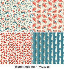 blue red floral patterns in set