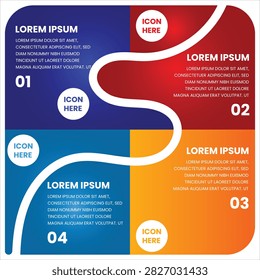 Blue and Red Flow Infographic with Four Numbered Sections and Connected Process