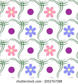 Blue and red flower and polka on green squares. Decorative colorful elegant romantic seamless pattern with flowers for decor, wallpaper, fabric, prints. Abstract fashion texture. Vector illustration