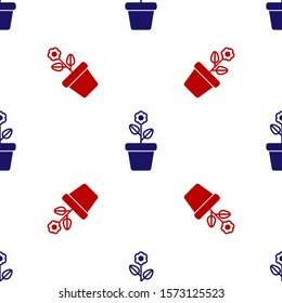 Blue and red Flower in pot icon isolated seamless pattern on white background. Plant growing in a pot. Potted plant sign.  Vector Illustration