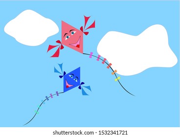 Blue and red flying kite/dragon on blue sky with clouds. A toy for children. Outdoor flying activities. Vector.