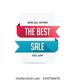 Blue and red folded ribbons. 70% off special offer sale banner template design. Big sale special offer. Special offer banner for poster, flyer, brochure, sticker. Blue red ribbons vector illustration.