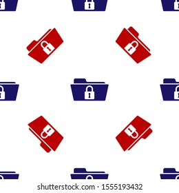 Blue and red Folder and lock icon isolated seamless pattern on white background. Closed folder and padlock. Security, safety, protection concept.  Vector Illustration