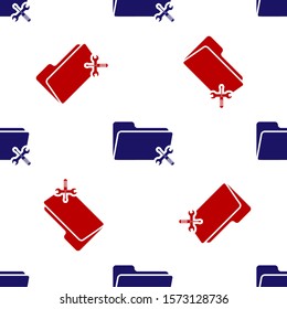 Blue and red Folder with screwdriver and wrench icon isolated seamless pattern on white background. Adjusting, service, setting, maintenance, repair, fixing.  Vector Illustration