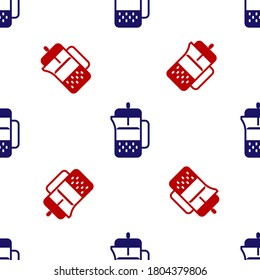 Blue and red French press icon isolated seamless pattern on white background. Vector.