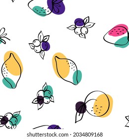 Blue and Red Fruit Vector White Seamless Pattern. Summer Apricot and Lime Illustration. Bright Citrus and Blueberry Line Design.