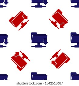 Blue and red FTP folder download icon isolated seamless pattern on white background. Software update, transfer protocol, router, teamwork tool management, copy process.  Vector Illustration