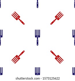 Blue and red Garden fork icon isolated seamless pattern on white background. Pitchfork icon. Tool for horticulture, agriculture, farming.  Vector Illustration