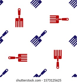 Blue and red Garden fork icon isolated seamless pattern on white background. Pitchfork icon. Tool for horticulture, agriculture, farming.  Vector Illustration