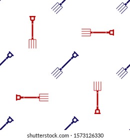Blue and red Garden pitchfork icon isolated seamless pattern on white background. Garden fork sign. Tool for horticulture, agriculture, farming.  Vector Illustration