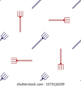 Blue and red Garden pitchfork icon isolated seamless pattern on white background. Garden fork sign. Tool for horticulture, agriculture, farming.  Vector Illustration