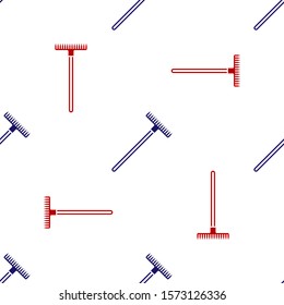 Blue and red Garden rake icon isolated seamless pattern on white background. Tool for horticulture, agriculture, farming. Ground cultivator. Housekeeping equipment.  Vector Illustration