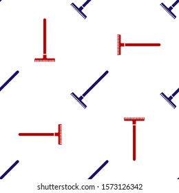 Blue and red Garden rake icon isolated seamless pattern on white background. Tool for horticulture, agriculture, farming. Ground cultivator. Housekeeping equipment.  Vector Illustration