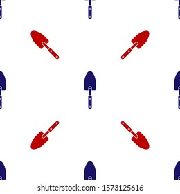 Blue and red Garden trowel spade or shovel icon isolated seamless pattern on white background. Gardening tool. Tool for horticulture, agriculture, farming.  Vector Illustration