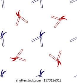 Blue and red Gardening handmade scissors for trimming icon isolated seamless pattern on white background. Pruning shears with wooden handles.  Vector Illustration