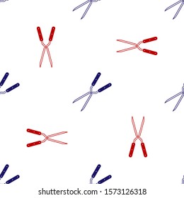 Blue and red Gardening handmade scissors for trimming icon isolated seamless pattern on white background. Pruning shears with wooden handles.  Vector Illustration