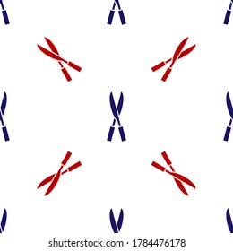 Blue and red Gardening handmade scissors for trimming icon isolated seamless pattern on white background. Pruning shears with wooden handles. Vector