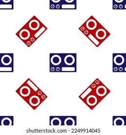 Blue and red Gas stove icon isolated seamless pattern on white background. Cooktop sign. Hob with four circle burners.  Vector