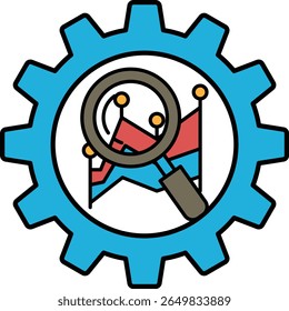 A blue and red gear with a magnifying glass on it. The gear is a symbol of progress and the magnifying glass represents the idea of looking closely at something. Concept of curiosity and exploration