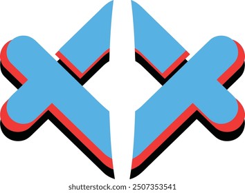 Blue and red geometric shapes intersecting, suitable for modern graphic design projects, abstract backgrounds, or futuristic digital art concepts.