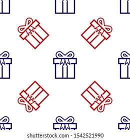 Blue and red Gift box icon isolated seamless pattern on white background.  Vector Illustration