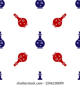 Blue and red Glass bottle with magic elixir icon isolated seamless pattern on white background. Computer game asset.  Vector Illustration