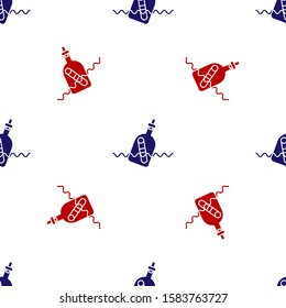 Blue and red Glass bottle with a message in water icon isolated seamless pattern on white background. Letter in the bottle. Pirates symbol.  Vector Illustration