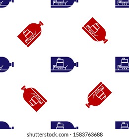 Blue and red Glass bottle with ship inside icon isolated seamless pattern on white background. Miniature model of marine vessel. Hobby and sea theme.  Vector Illustration