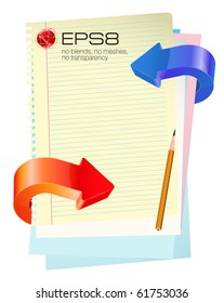 Blue and red glossy arrows with office paper and pencil. Vector template.