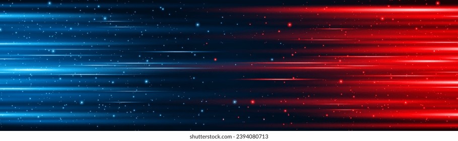 Blue and red glowing lines with glitter effect on a dark background. High speed internet technology concept or fast wireless data transmission. modern internet network connection technology background