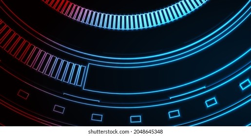 Blue and red glowing neon HUD gear technology background. Luminous futuristic abstract vector banner design