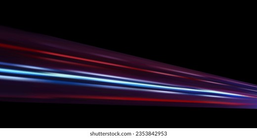 Blue and red glowing speed stripes. Traces of movement of a car. Night city lighting with long exposure. Abstract vector illustration isolated on black background.