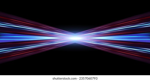 Blue and red glowing speed stripes. Traces of movement of a car. Night city lighting with long exposure. Abstract vector illustration isolated on black background.