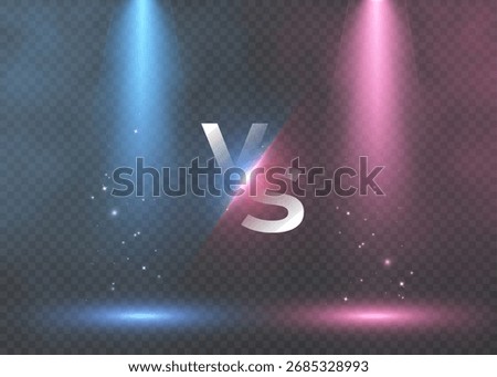 Blue and red glowing spotlights with metallic VS letters and sparkles on a transparent background. Abstract design of a confrontation for sports competitions, gaming battles, and tournament banners.