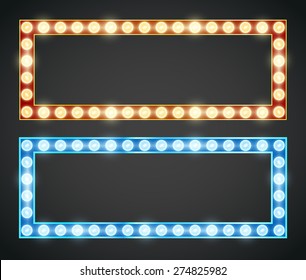 Blue red gold colored vector retro looks frame template. Lamps lighted vector illustration