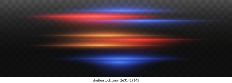 Blue red and gold lines of light. Speed ​​effect on transparent background. Lines of light, speed and movement.