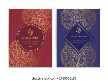 Blue, red and gold luxury invitation card design. Vintage ornament template. Can be used for background and wallpaper. Elegant and classic vector elements great for decoration.