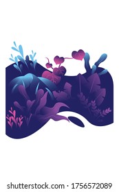 Plantas de color de gradiente azul y rojo adornadas con plantas variantes sobre un fondo líquido 