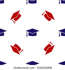 Blue and red Graduation cap icon isolated seamless pattern on white background. Graduation hat with tassel icon.  Vector Illustration